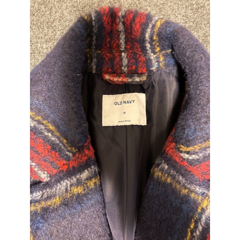 Old Navy Women's Plaid Tartan Long Overcoat Navy Red Wool Blend Size M - Picture 3 of 7